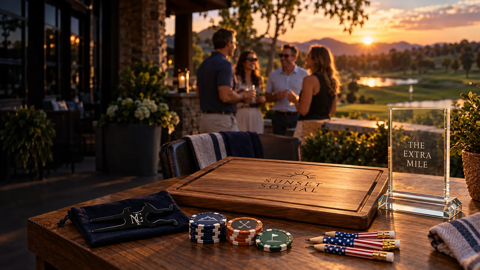 Custom acacia board, crystal award, golf tool, poker chips and flag pencils at sunset