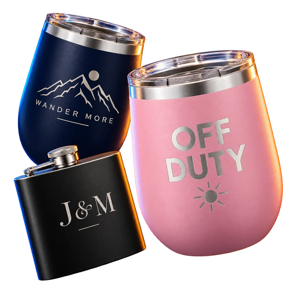 Personalized tumblers and engraved flask