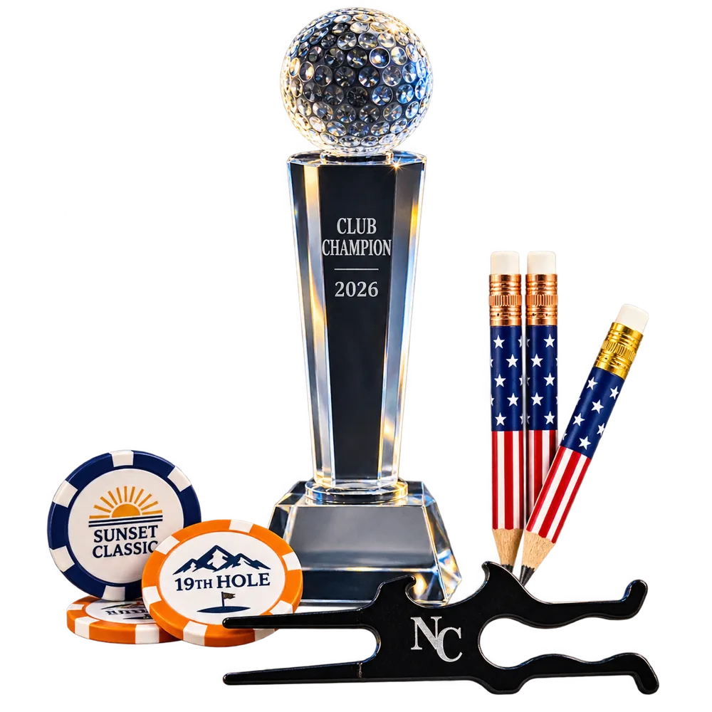 Golf tool, poker chips, pencils and crystal golf trophy
