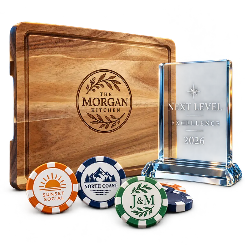 Personalized cutting board, crystal award and poker chips