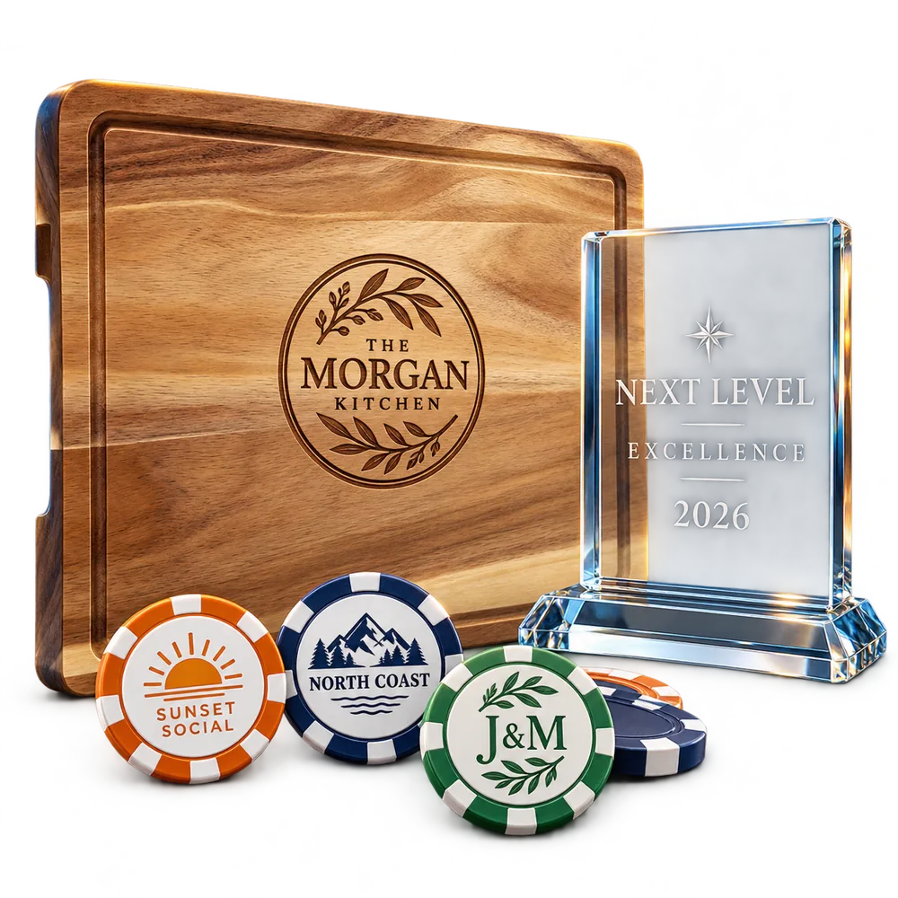Engraved acacia board, crystal recognition award and colorful custom poker chips