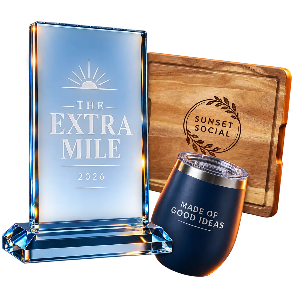 Personalized cutting board, crystal award and tumbler