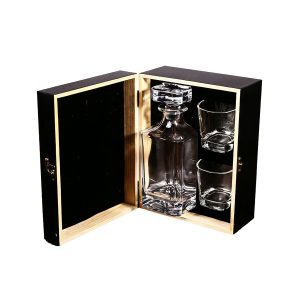 Etched 750ml Clear Glass Decanter with 2 glasses in black wood box